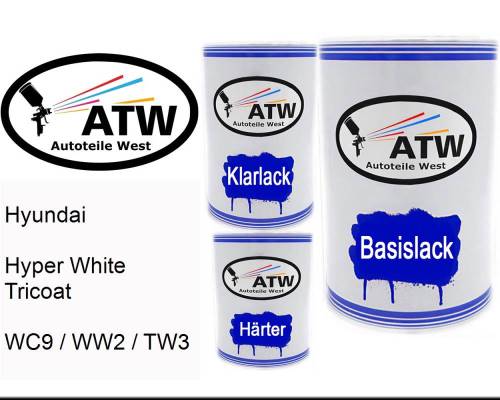 Hyundai, Hyper White Tricoat, WC9 / WW2 / TW3: 500ml Lackdose + 500ml Klarlack + 250ml Härter - Set, von ATW Autoteile West.